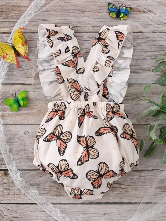 Baby Butterfly Print Ruffle Square Neck Crisscross Back Trim Bodysuit - Image 3