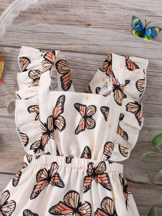 Baby Butterfly Print Ruffle Square Neck Crisscross Back Trim Bodysuit - Image 2