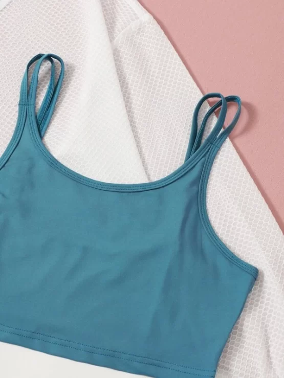 Three Pieces Color Block Fishnet Top & Cami & Shorts Sports Set - Image 2