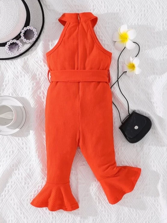 Baby Flounce Hem Belted Halter Sleeve Jumpsuit - Image 3