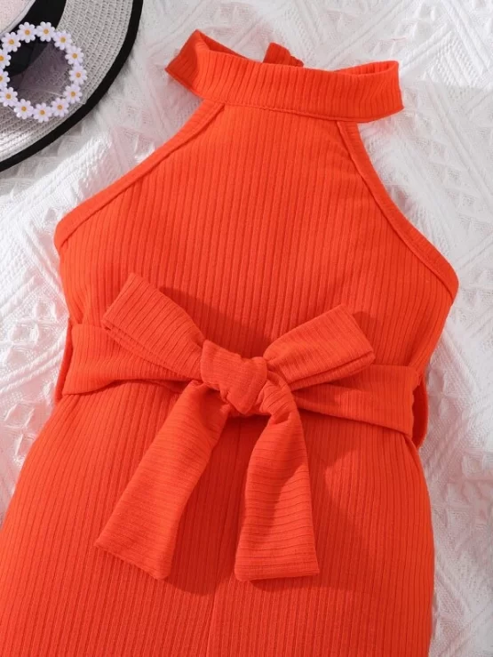 Baby Flounce Hem Belted Halter Sleeve Jumpsuit - Image 2