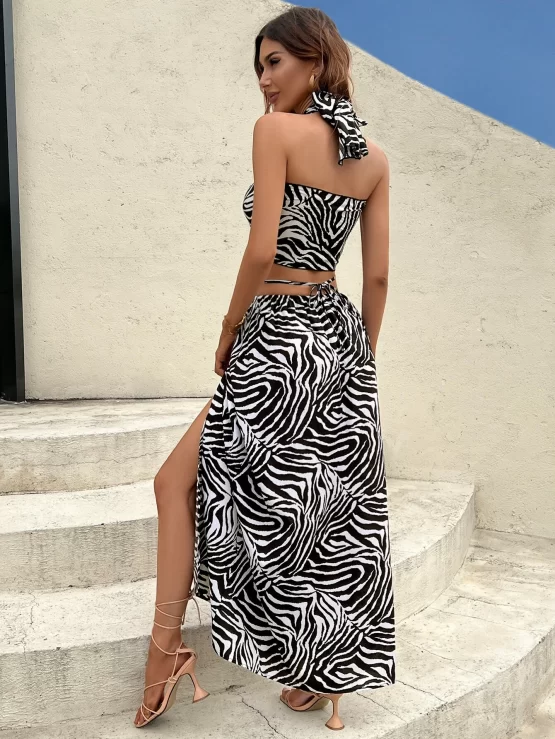 Zebra Stripe Tie Backless Crop Halter Top & O-ring Split Thigh Skirt - Image 3