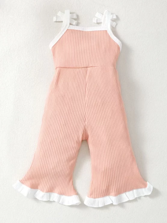 Baby Bow Front Ruffle Trim Rib-knit Flare Leg Jumpsuit - Image 2