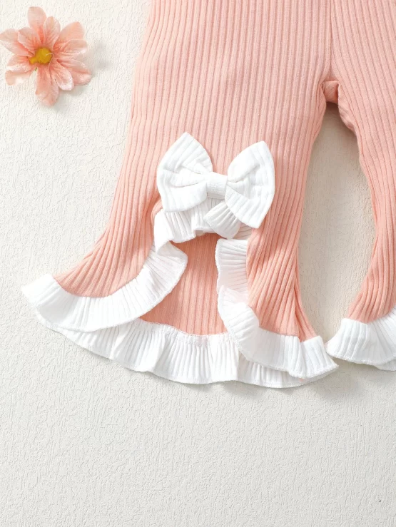 Baby Bow Front Ruffle Trim Rib-knit Flare Leg Jumpsuit - Image 3
