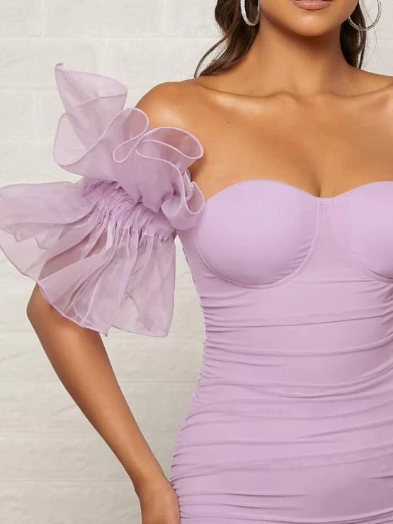 Organza Ruffle Off Shoulder Bustier Mesh Overlay Bodycon Dress - Image 3