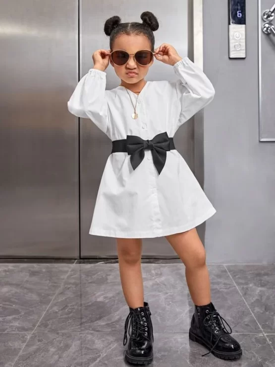 Toddler Girls Button Up Bishop Bow Front Sleeve Dress - Image 3