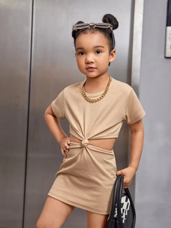 Toddler Girls Twist Front Cut Out Tee Sleeve Dress - Image 3