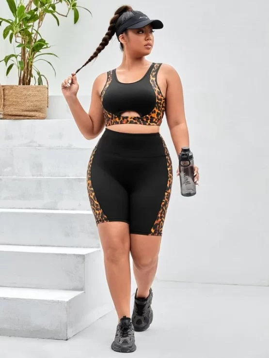 Plus Leopard Cut Out Wideband Waist Sports Set - Image 3