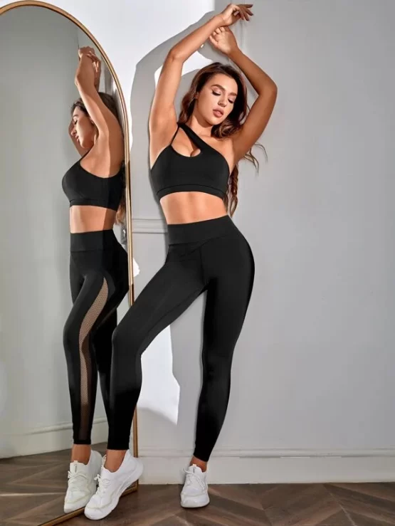 Cut Out One Shoulder Contrast Fishnet Sports Set - Image 2