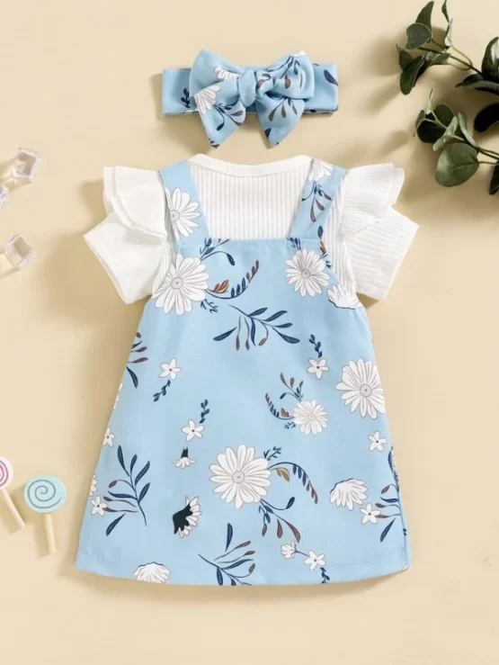 Baby Solid Rib Knit Bodysuit & Floral Print Overall Dress With Headband - Image 2