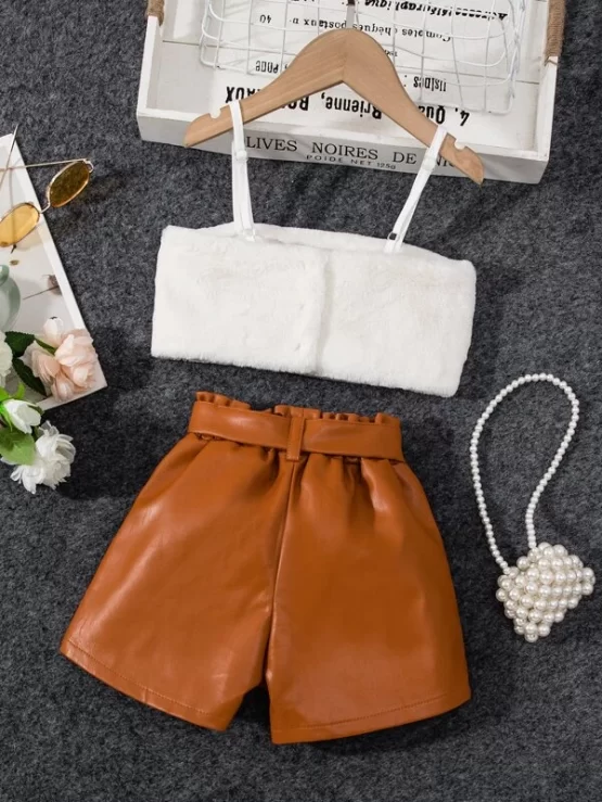 Toddler Girls Crop Cami Top With Paperbag Waist Belted Shorts - Image 2