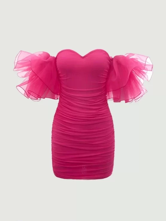 Off Shoulder Exaggerated Ruffle Trim Ruched Mesh Bodycon Dress - Image 3