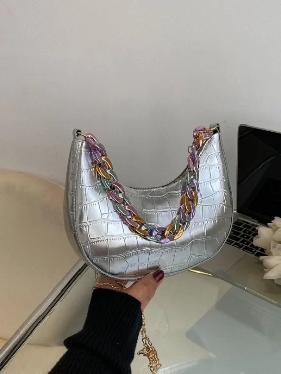 Metallic Crocodile Embossed Chain Decor Hobo Bag - Image 2