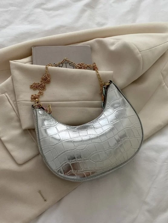 Metallic Crocodile Embossed Chain Decor Hobo Bag - Image 3
