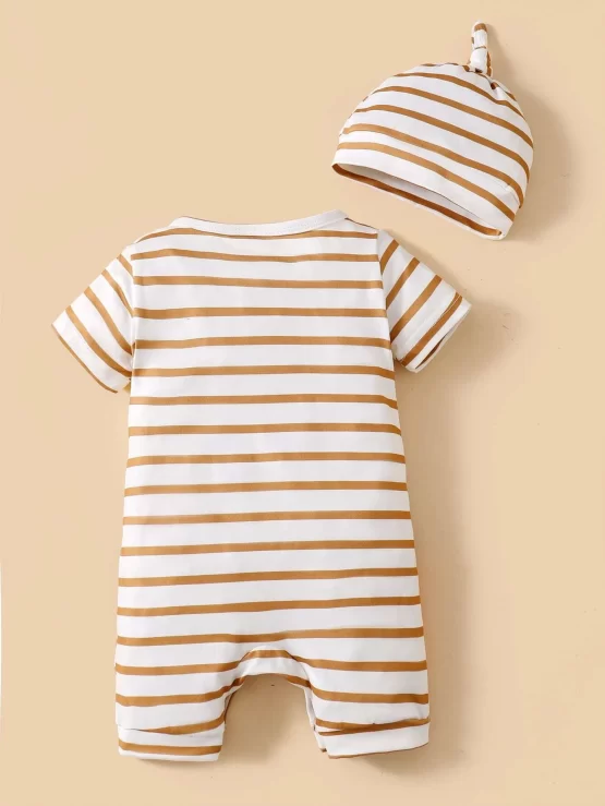 Baby Striped & Cartoon Graphic Romper & Hat - Image 2