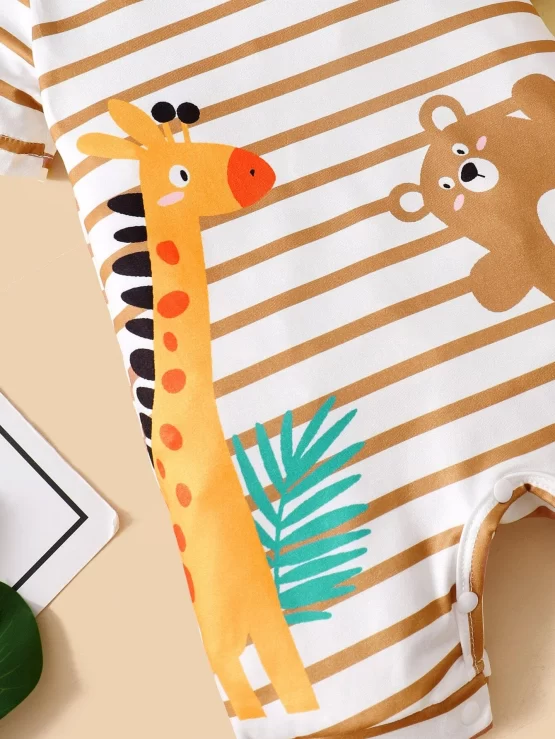 Baby Striped & Cartoon Graphic Romper & Hat - Image 3