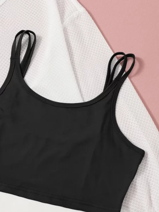 Three Pieces Color Block Fishnet Top & Cami & Shorts Sports Set - Image 5