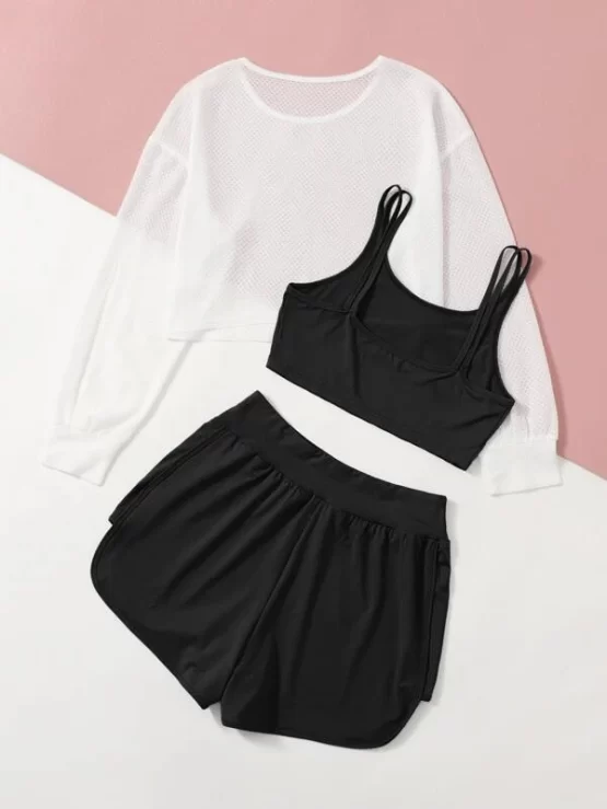 Three Pieces Color Block Fishnet Top & Cami & Shorts Sports Set - Image 4