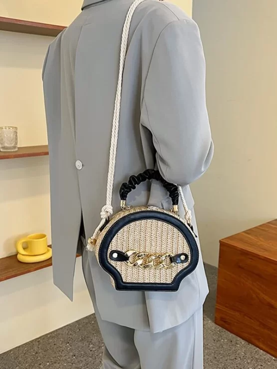 Chain Color Block top Handle Straw Decor Bag - Image 2