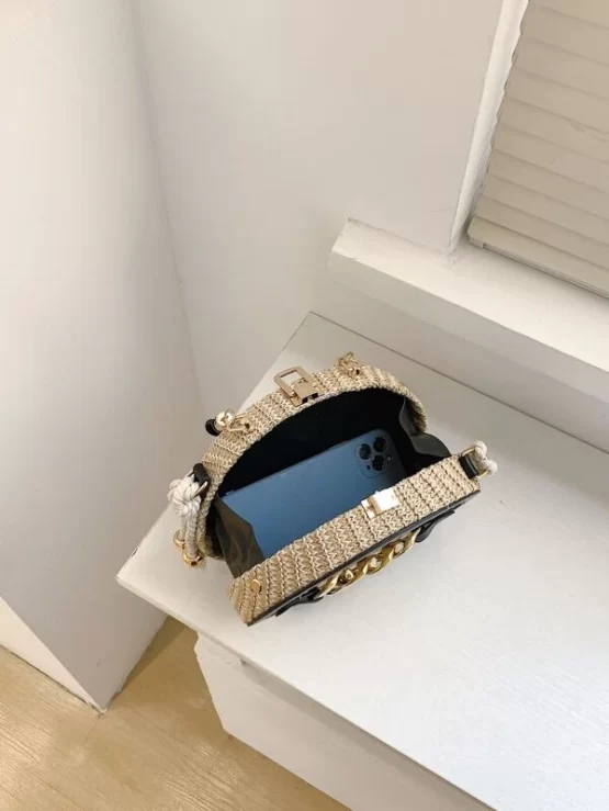 Chain Color Block top Handle Straw Decor Bag - Image 3