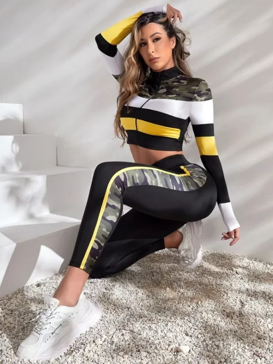 Camo Striped Print Color Block Sports Set - Image 3