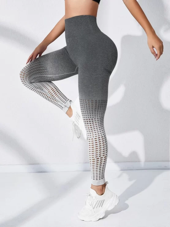 Ombre High Waist Hollow Cut Out Sports Leggings - Image 2