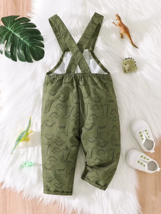 Baby Dinosaur Button Pocket Print Overall Jumpsuit - Image 2
