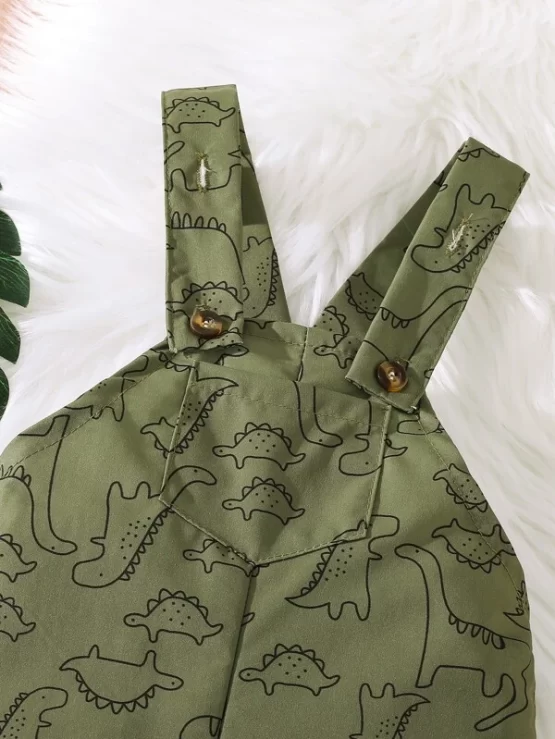 Baby Dinosaur Button Pocket Print Overall Jumpsuit - Image 3