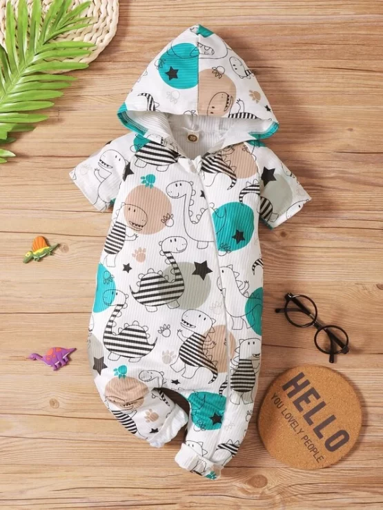Baby Dinosaur & Star Hooded Print Jumpsuit