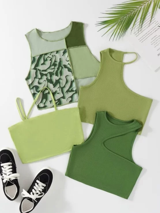 Three Pieces Ribbed Knit Tank Top & One Piece Cami Top