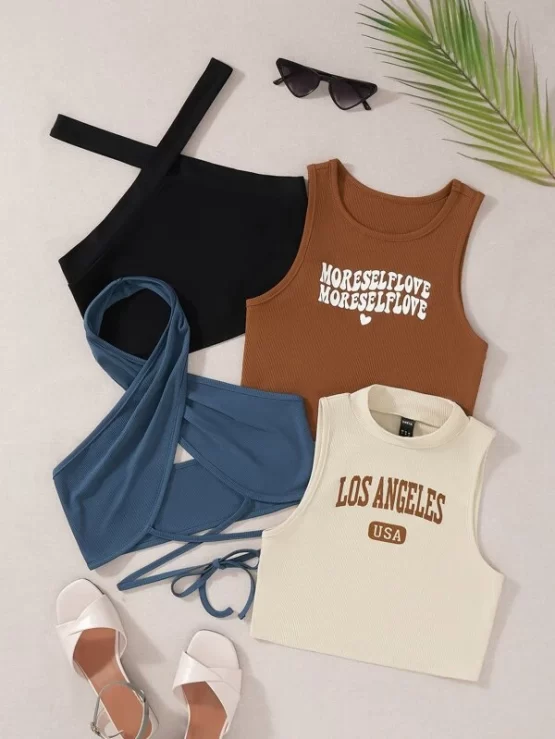 Two Pieces Letter Graphic Tank Top & Two Pieces Halter Top