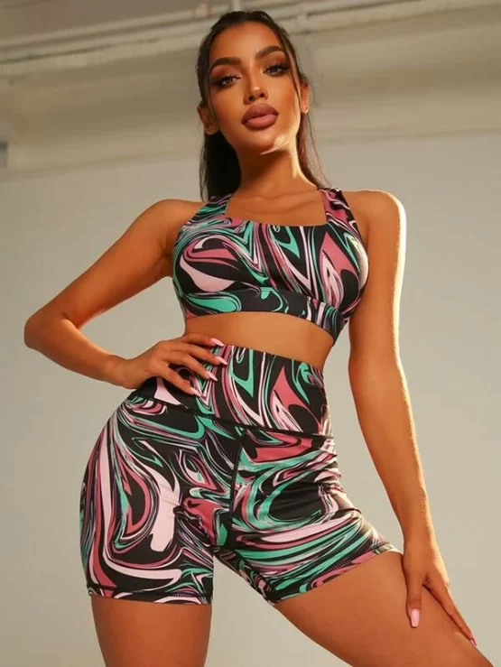 Marble Print Cut Out Back Wideband Waist Sports Set