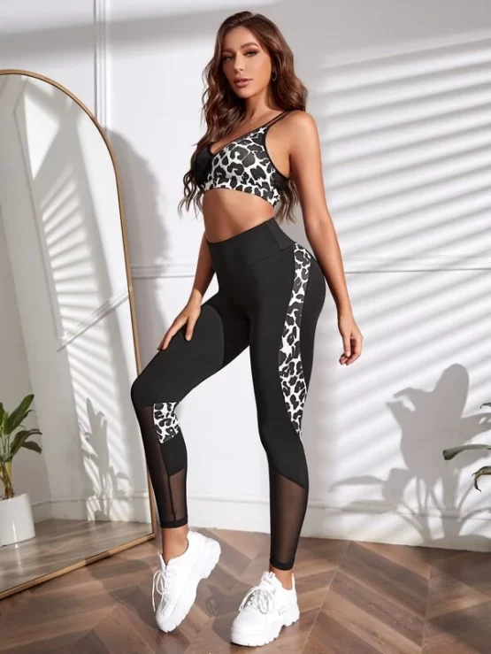 Leopard Print Asymmetrical Contrast Mesh Sports Set