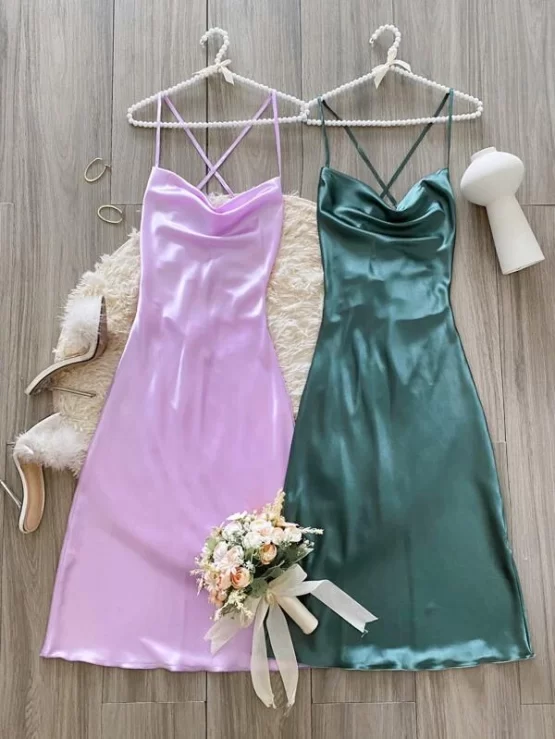 Two Pieces Draped Collar Satin Night Cami Dress