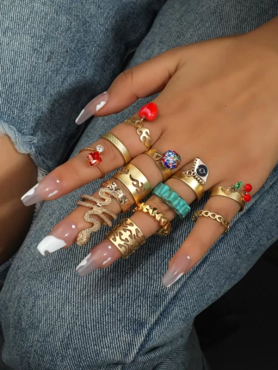 Thirteen Pieces Rhinestone & Flame Decor Ring