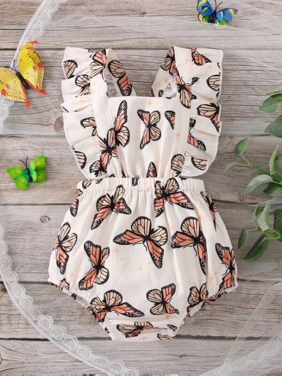 Baby Butterfly Print Ruffle Square Neck Crisscross Back Trim Bodysuit