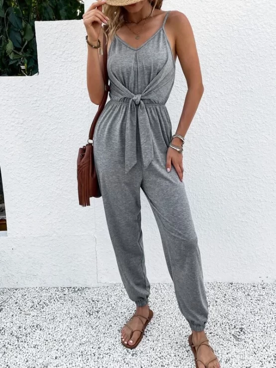 Knot Plain Casual High Waist Front Cami Jumpsuit