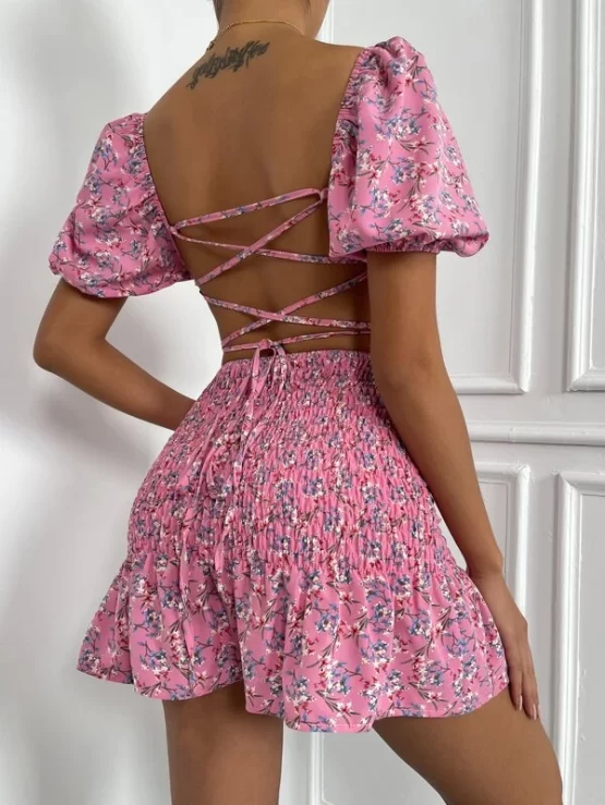 Puff Sleeve Ditsy Floral Top & Shirred Ruffle Hem Skirt