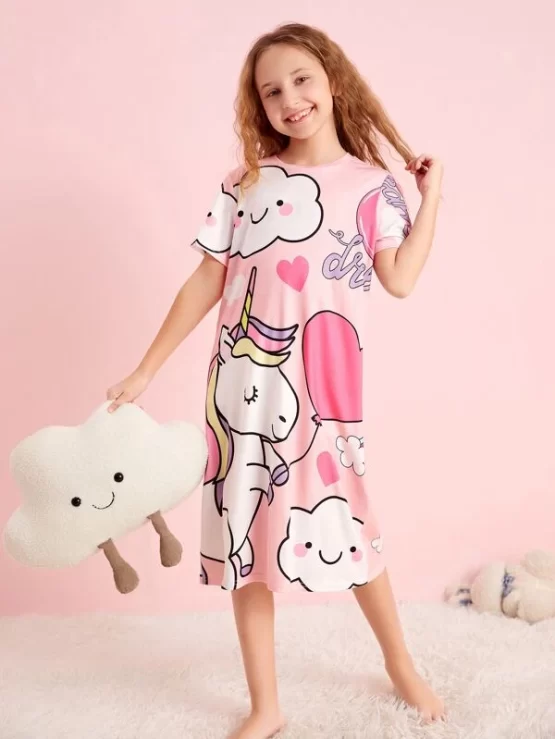 Girls Cartoon & Letter Graphic Lounge Dress