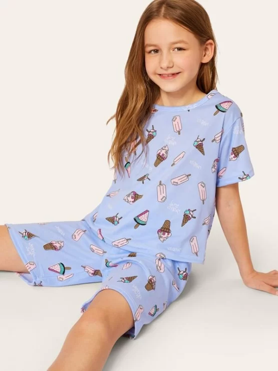 Girls All Over Cartoon Ice Cream Print Pj Set