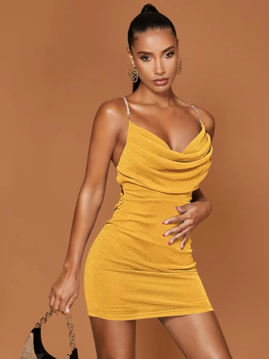 Draped Collar Rhinestone Chain Strap O-ring Backless Cami Dress