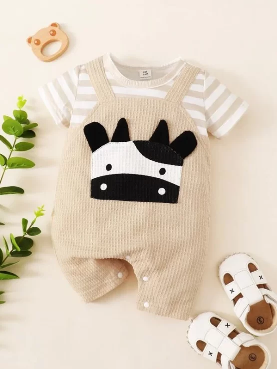 Baby Striped Cartoon & Cow Print Romper