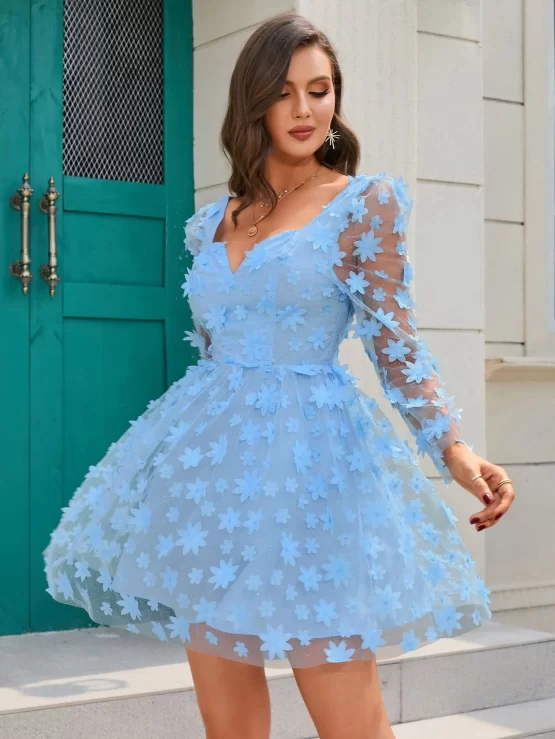 Double Crazy Appliques Puff Sleeve Overlay Mesh Dress