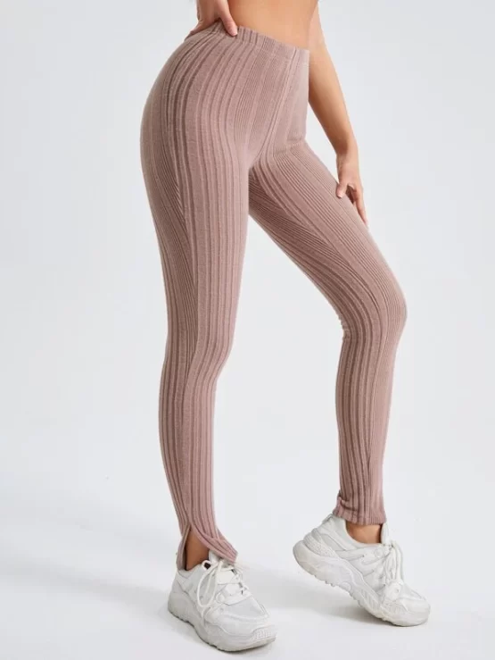 Split Plain Casual Hem Rib-knit Sports Leggings