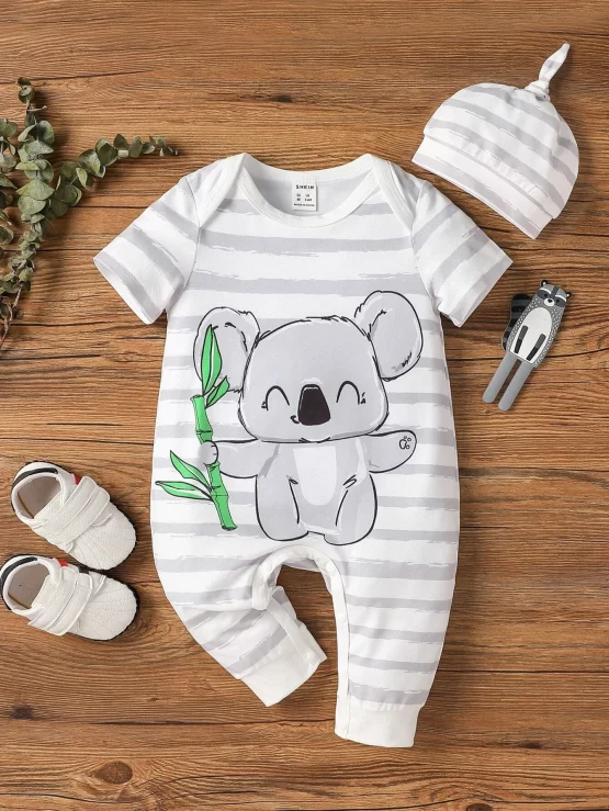 Baby Striped & Cartoon Graphic Jumpsuit With Hat