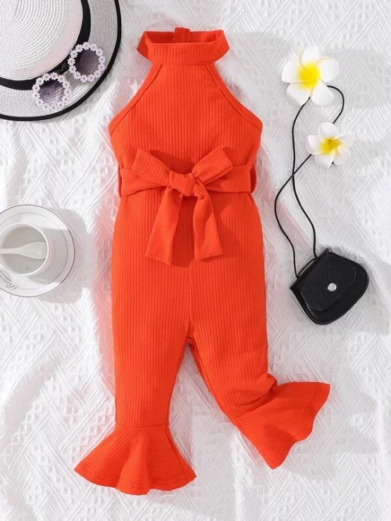 Baby Flounce Hem Belted Halter Sleeve Jumpsuit