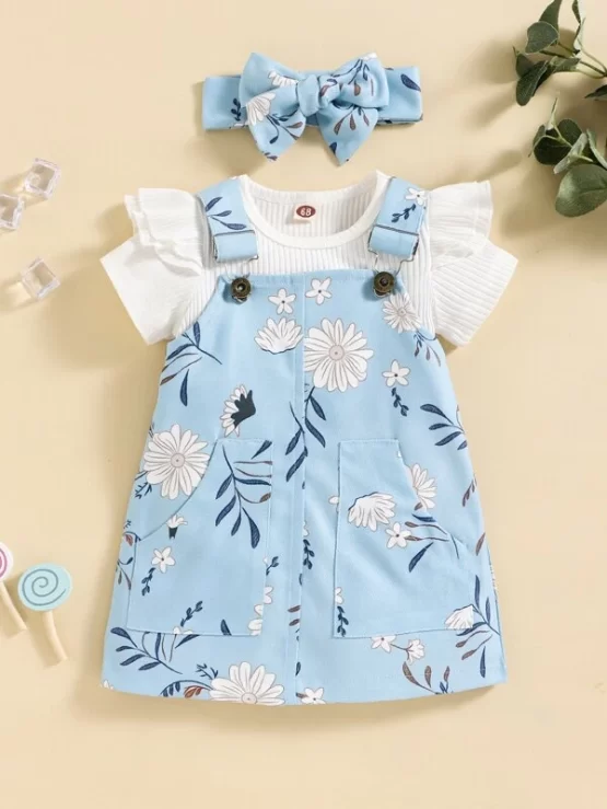 Baby Solid Rib Knit Bodysuit & Floral Print Overall Dress With Headband