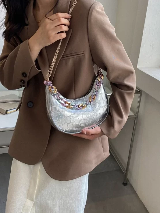 Metallic Crocodile Embossed Chain Decor Hobo Bag