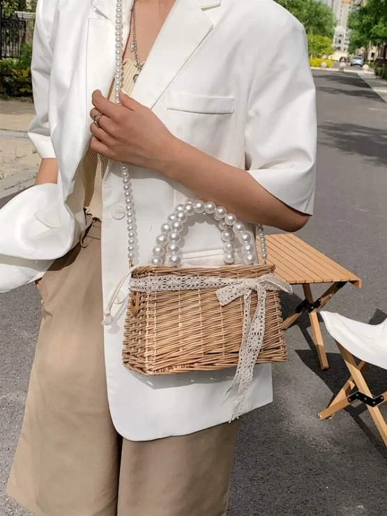 Faux Pearl & Bow Double Handle Straw Decor Bag