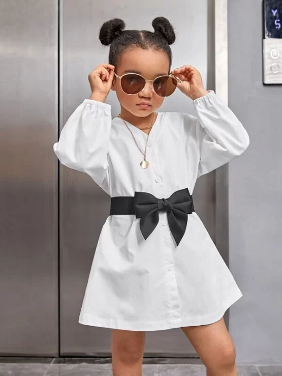 Toddler Girls Button Up Bishop Bow Front Sleeve Dress